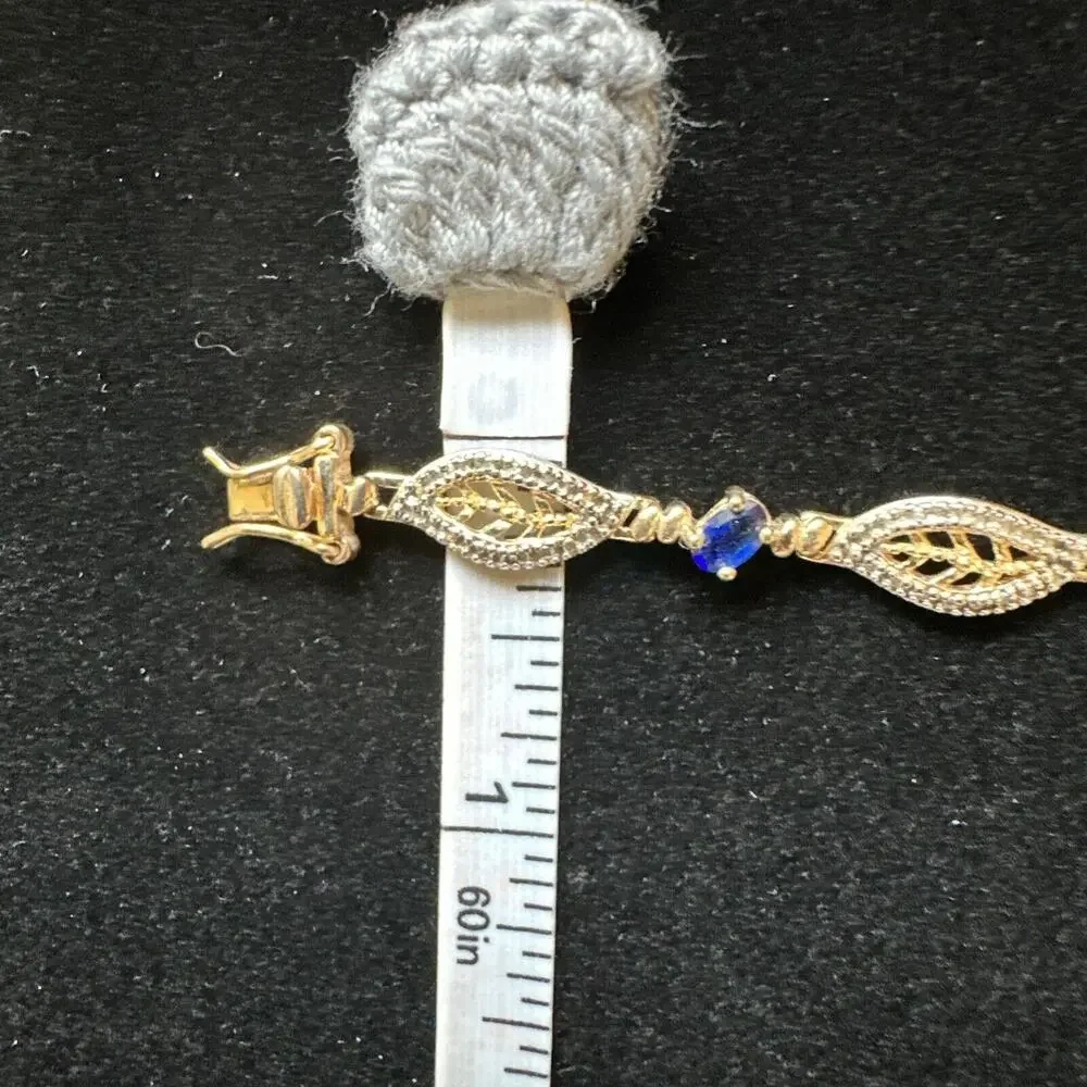 SIGNED DL Gold Plated Sterling 925 Filigree Sapphire Blue Crystals 7.5” Bracelet - Picture 11 of 12